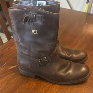 Frye Brown Leather Engineer Boots with Buckle Detail